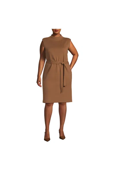 Lands' End Women's Plus Size Cotton Blend Short Sleeve Mock Neck Sweater Dress In Brown