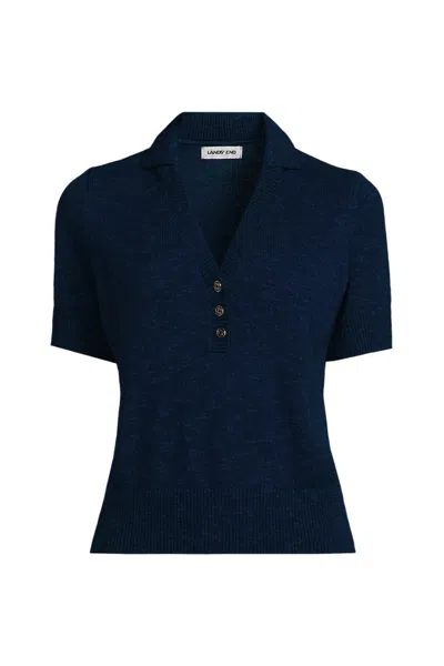 Lands' End Women's Plus Size Cotton Blend Short Sleeve Polo Sweater In Blue