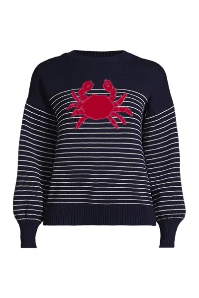 Lands' End Women's Plus Size Cotton Drifter Novelty Jacquard Crew Neck Sweater In Blue