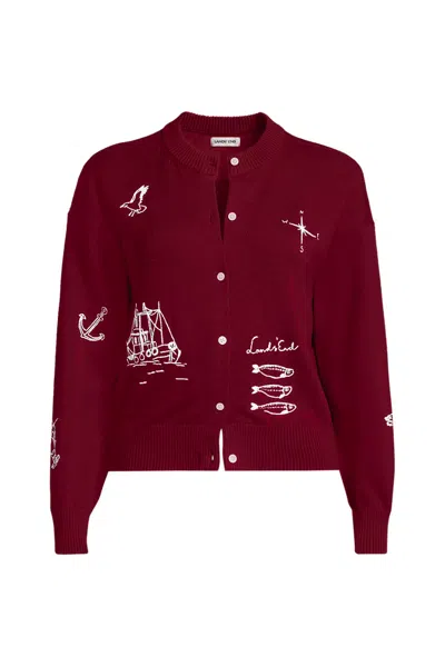 Lands' End Women's Plus Size Cotton Embellished Cardigan Sweater In Red