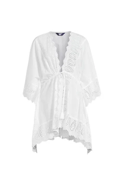 Lands' End Women's Plus Size Cotton Eyelet Tie Kimono Cover-up In White