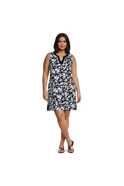 Lands' End Women's Plus Size Cotton Jersey Notch Neck Dress In Black