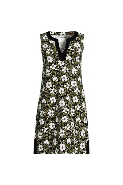 Lands' End Women's Plus Size Cotton Jersey Notch Neck Dress In Black
