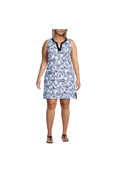 Lands' End Women's Plus Size Cotton Jersey Notch Neck Dress In Blue