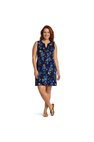 Lands' End Women's Plus Size Cotton Jersey Notch Neck Dress In Blue
