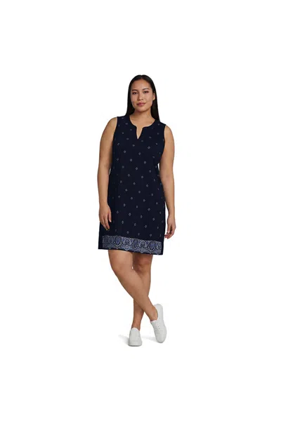 Lands' End Women's Plus Size Cotton Jersey Notch Neck Dress In Blue