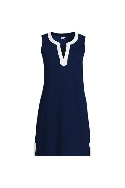 Lands' End Women's Plus Size Cotton Jersey Notch Neck Dress In Blue