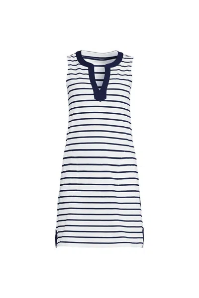 Lands' End Women's Plus Size Cotton Jersey Notch Neck Dress In Blue