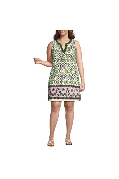Lands' End Women's Plus Size Cotton Jersey Notch Neck Dress In Multi