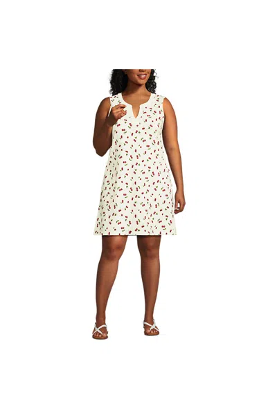 Lands' End Women's Plus Size Cotton Jersey Notch Neck Dress In White