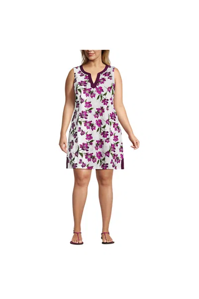 Lands' End Women's Plus Size Cotton Jersey Notch Neck Dress In Multi