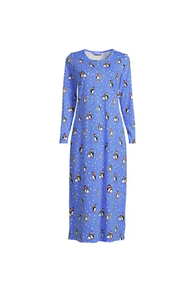 Lands' End Women's Plus Size Cotton Long Sleeve Midcalf Nightgown In Blue