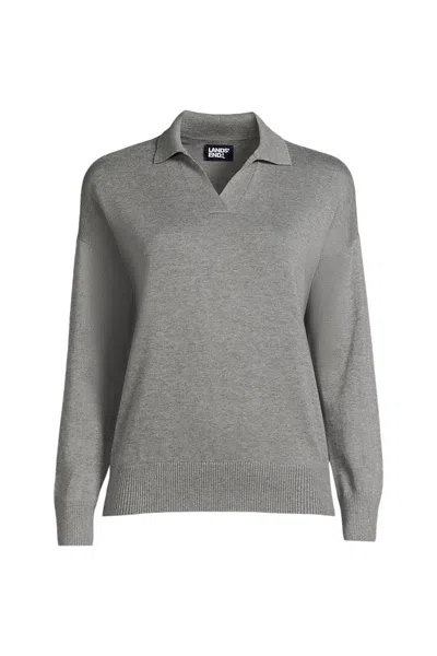 Lands' End Women's Plus Size Cotton Modal Long Sleeve Polo Collar Sweater In Gray