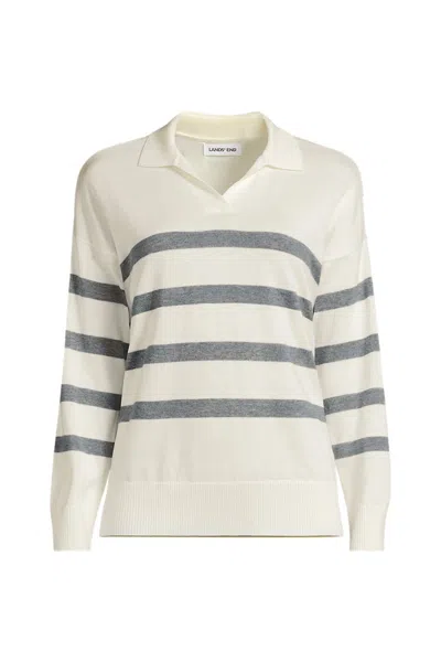 Lands' End Women's Plus Size Cotton Modal Long Sleeve Polo Collar Sweater In White