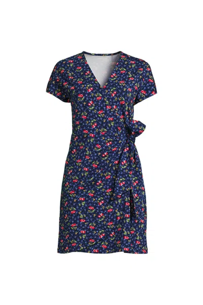 Lands' End Women's Plus Size Cotton Modal V-neck Mini Wrap Dress In Blue