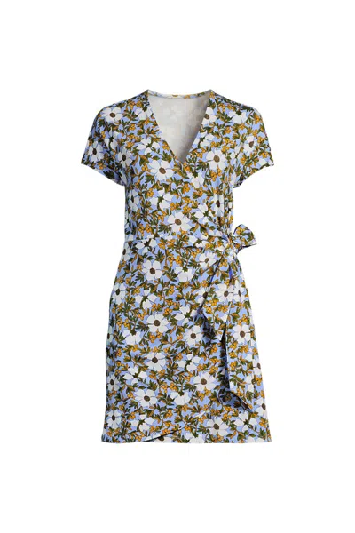 Lands' End Women's Plus Size Cotton Modal V-neck Mini Wrap Dress In Blue