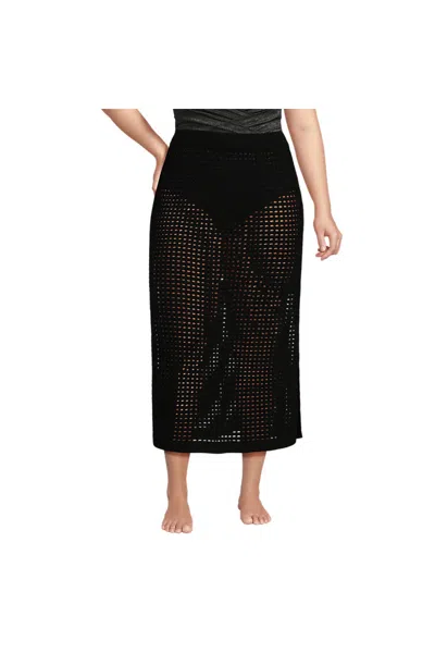 Lands' End Women's Plus Size Cotton Open Knit Maxi Swim Cover-up Skirt In Black