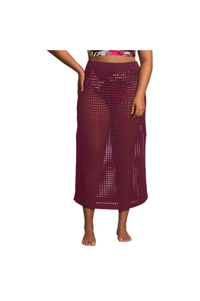 Lands' End Women's Plus Size Cotton Open Knit Maxi Swim Cover-up Skirt In Red