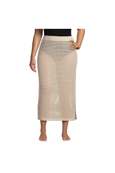 Lands' End Women's Plus Size Cotton Open Knit Maxi Swim Cover-up Skirt In Multi