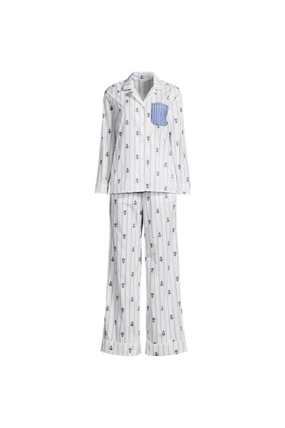 Lands' End Women's Plus Size Cotton Poplin 2 Piece Pajama Set - Long Sleeve Top And Pants In White