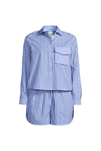 Lands' End Women's Plus Size Cotton Poplin 2 Piece Pajama Set - Long Sleeve Top And Shorts With Piping In Blue