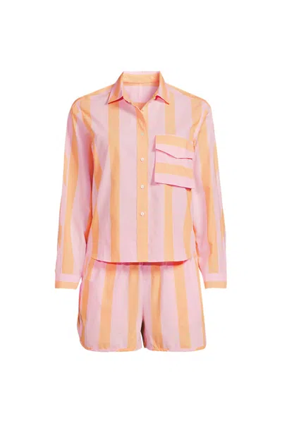 Lands' End Women's Plus Size Cotton Poplin 2 Piece Pajama Set - Long Sleeve Top And Shorts With Piping In Pink