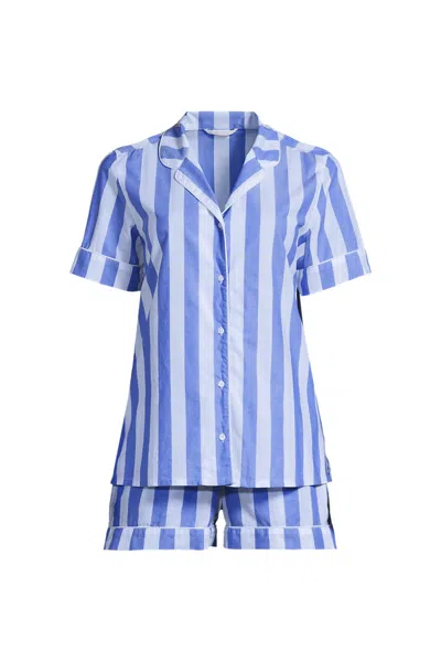 Lands' End Women's Plus Size Cotton Poplin 2 Piece Pajama Set - Short Sleeve Top And Shorts In Blue