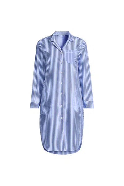 Lands' End Women's Plus Size Cotton Poplin Long Sleeve Sleepshirt Nightgown In Blue