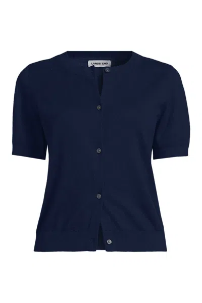 Lands' End Women's Plus Size Cotton Short Sleeve Crew Neck Cardigan Sweater In Brown