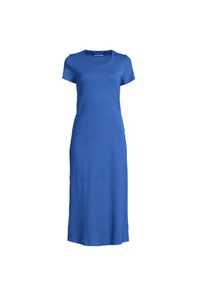 Lands' End Women's Plus Size Cotton Short Sleeve Midcalf Nightgown In Blue