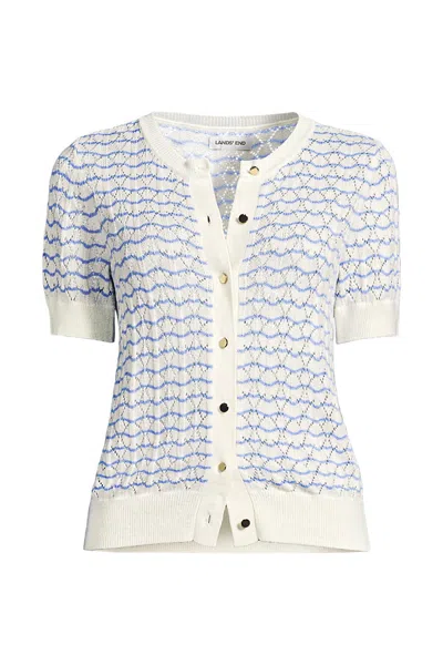 Lands' End Women's Cotton Viscose Short Sleeve Cardigan Sweater In White