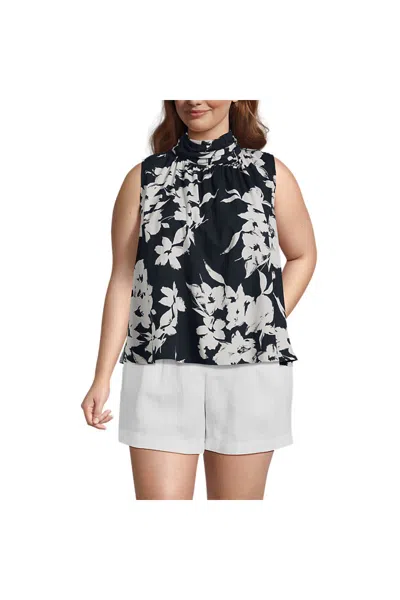 Lands' End Women's Plus Size Cotton Voile Mock Neck Blouse In Black
