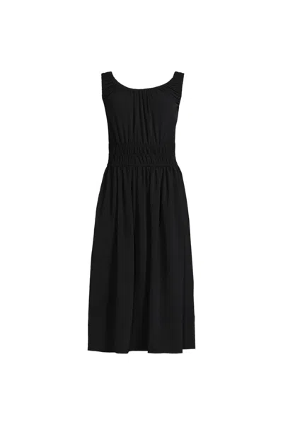 Lands' End Women's Plus Size Creaseless Scoop Neck Smocked Midi Dress In Black
