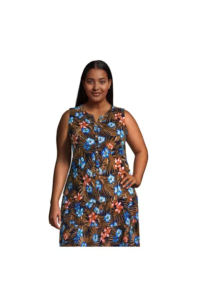 Lands' End Women's Plus Size Crinkle Knit Button Front Tank In Blue