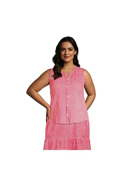 Lands' End Women's Plus Size Crinkle Knit Button Front Tank In Pink