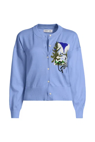 Lands' End Women's Plus Size Cropped Placed Jacquard Fine Gauge Crew Neck Cardigan Sweater In Blue