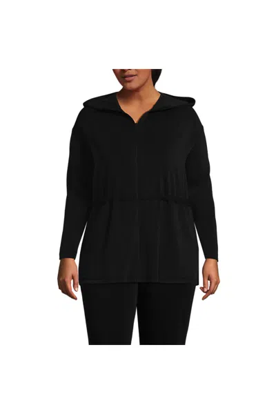 Lands' End Women's Plus Size Cupro Long Sleeve Full Zip Tunic Hoodie In Black