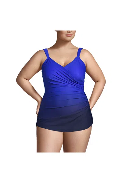 Lands' End Women's Plus Size Ddd-cup Slender Tummy Control Chlorine Resistant Skirted One Piece Swimsuit Print In Blue