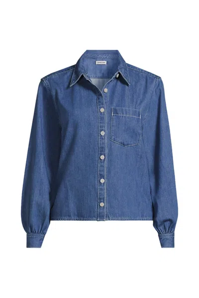 Lands' End Women's Plus Size Denim Cropped Button Front Shirt In Blue