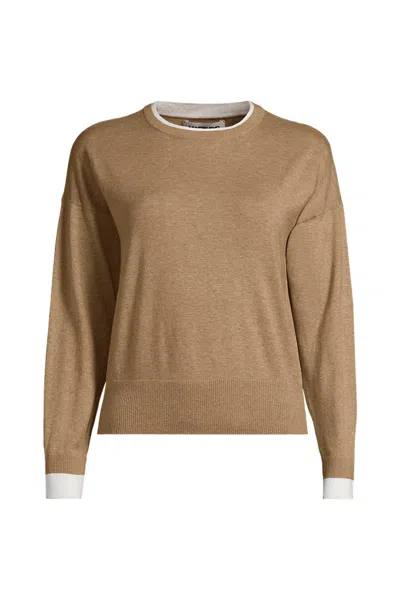 Lands' End Plus Size Double Trim Cotton Crew Neck Sweater In Brown