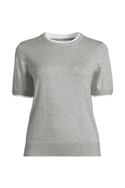 Lands' End Women's Plus Size Double Trim Cotton Crew Neck Tee Sweater In Gray
