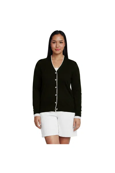 Lands' End Plus Size Double Trim Cotton V-neck Cardigan Sweater In Black