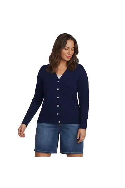 Lands' End Plus Size Double Trim Cotton V-neck Cardigan Sweater In Blue