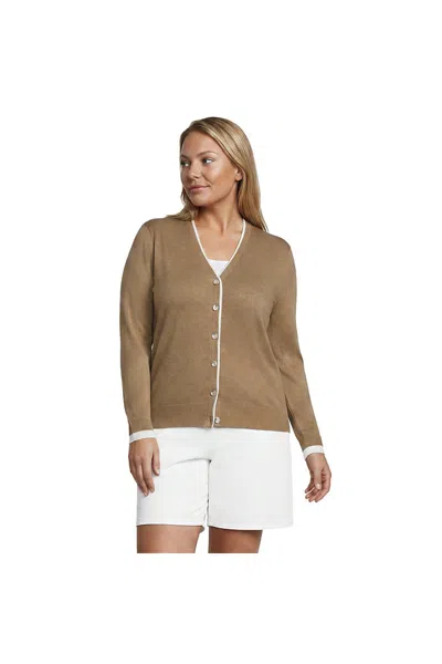 Lands' End Plus Size Double Trim Cotton V-neck Cardigan Sweater In Brown