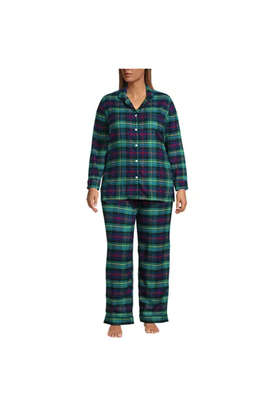 Lands' End Women's Plus Size Drapey Flannel 4 Piece Pajama Set - Long Sleeve Top And Pants Robe And Bag In Green
