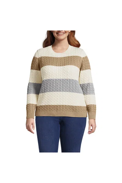Lands' End Women's Plus Size Drifter Cable Crew Neck Sweater In Neutral
