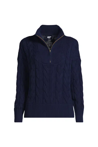 Lands' End Women's Plus Size Drifter Cable Quarter Zip Sweater In Blue