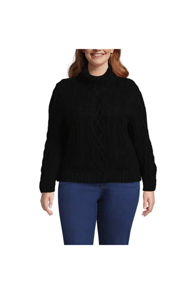 Lands' End Women's Plus Size Drifter Cable Turtleneck Sweater In Black