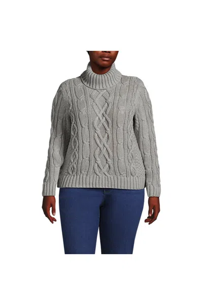 Lands' End Women's Plus Size Drifter Cable Turtleneck Sweater In Gray