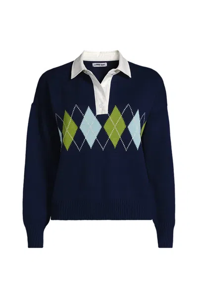 Lands' End Women's Plus Size Drifter Jacquard Rugby With Woven Collar Sweater In Blue
